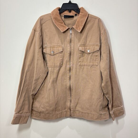 No Boundaries Other - NO BOUNDARIES Tan Canvas Corduroy Collar Zip Up Jacket Men L Workwear Utility